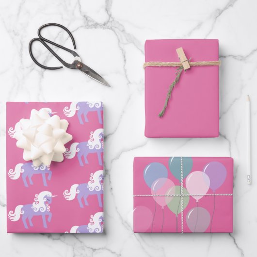Rosa Lila Einhorn Geburtstag Geschenkpapier Set (Vorderseite)
