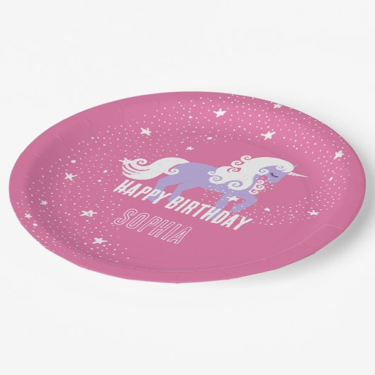 Rosa Lila Einhorn Geburtstag Pappteller (Schrägansicht)