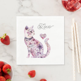 Rosa Lila Erröten Blumen Herz Liebe Katze Geburtst Serviette