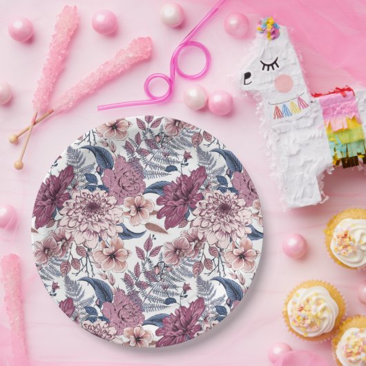 Rosa lila Farne Botanische Blüten Schieferblau Pappteller (Party)