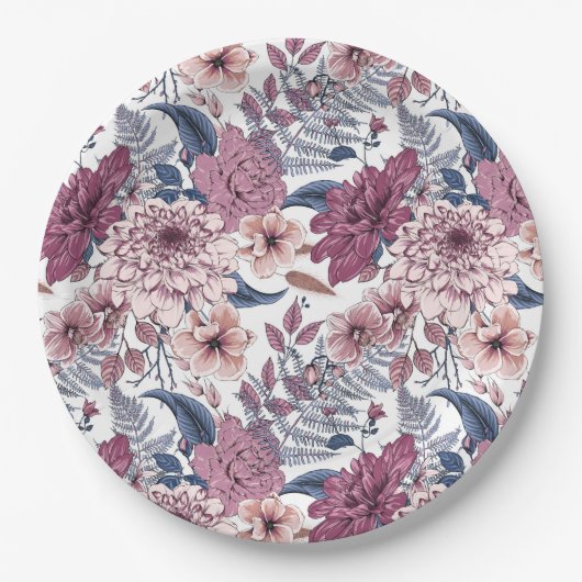 Rosa lila Farne Botanische Blüten Schieferblau Pappteller (Vorderseite)