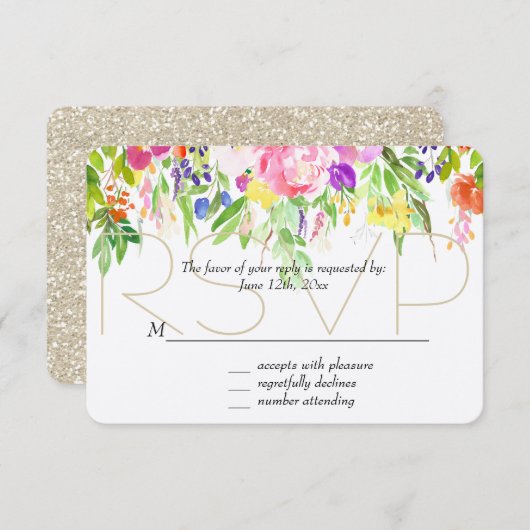 Rosa Lila Flora Wasserfarben Gold Sparkone UAWG RSVP Karte (Vorne/Hinten)