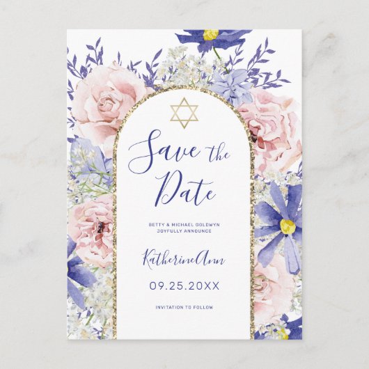 Rosa Lila Floral Bat Mitzvah Save the Date Postkarte (Vorderseite)