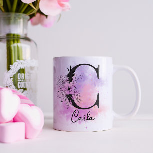Rosa lila floral schwarzer Buchstabe Monogramm C Kaffeetasse