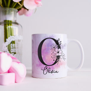 Rosa lila floral schwarzer Buchstabe Monogramm O K Kaffeetasse