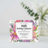 Rosa Lila Floral Women's 100 th Birthday Einladungspostkarte (Stehend Vorderseite)