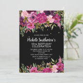 Rosa Lila florale 18. Schwarzer Geburtstag Einladung (Stehend Vorderseite)