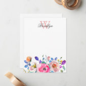Rosa Lila, florale Aquamarine Blätter Mit Monogram Mitteilungskarte (Vorderseite/Rückseite Beispiel)