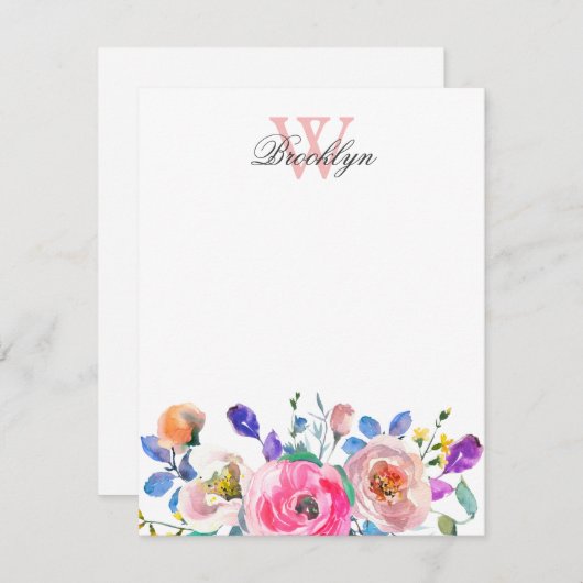 Rosa Lila, florale Aquamarine Blätter Mit Monogram Mitteilungskarte (Vorne/Hinten)