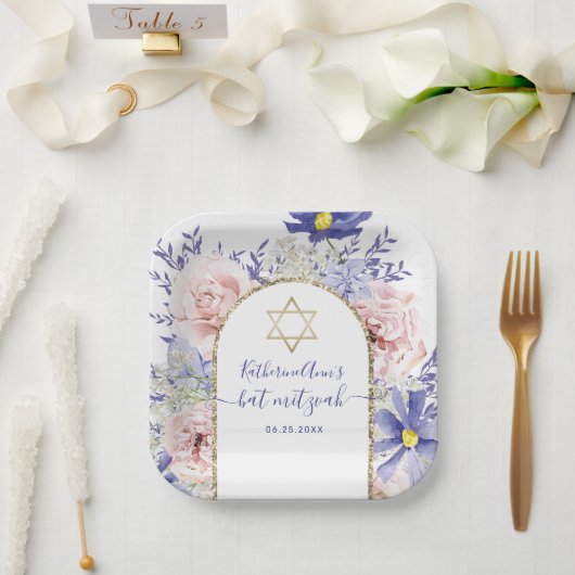 Rosa Lila florale Goldrahmen Bat Mitzvah Pappteller (Hochzeit)