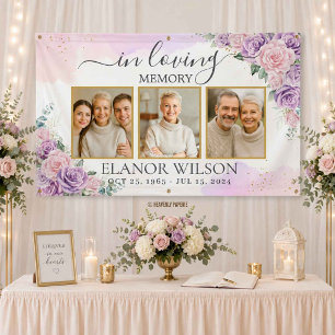 Rosa lila florales Funeral Gedenkfoto-Collage Banner