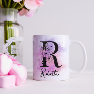Rosa Lila Florales Schwarz Buchstabe Monogramm R Kaffeetasse