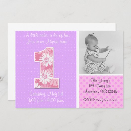 Rosa lila Gänseblümchen-Mädchen-erste Einladung (Vorne/Hinten)