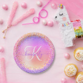 Rosa Lila gebürsteter Glitzer Monogramm Name Pappteller (Party)
