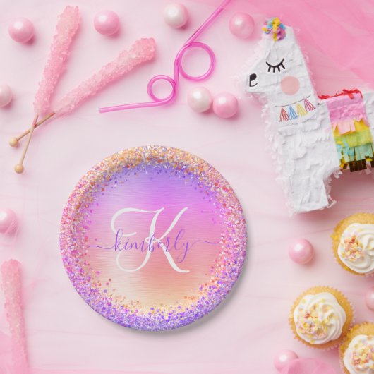 Rosa Lila gebürsteter Glitzer Monogramm Name Pappteller (Party)