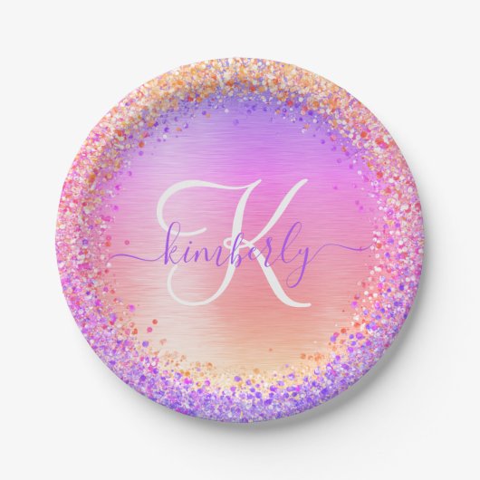 Rosa Lila gebürsteter Glitzer Monogramm Name Pappteller (Vorderseite)