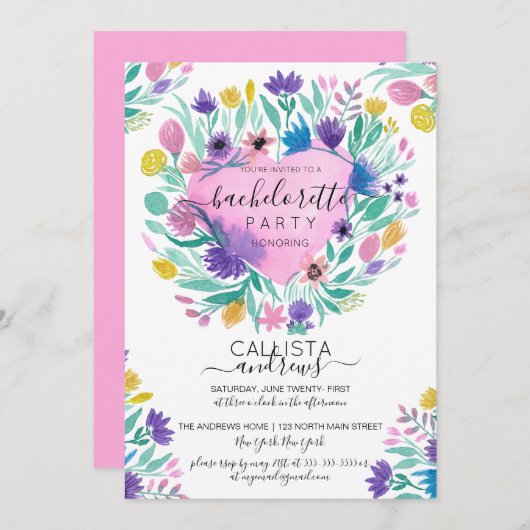Rosa Lila Gelbe Blume des Herzens Leaf Bachelorett Einladung (Vorne/Hinten)