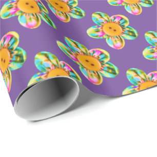 Rosa, lila, gelbe Blumen auf lila Geschenkpapier