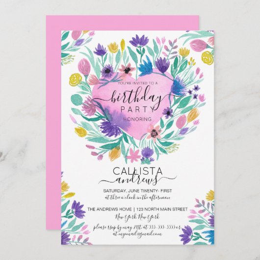 Rosa Lila Gelbe Herzklopfen Blume Blätter Geburtst Einladung (Vorne/Hinten)