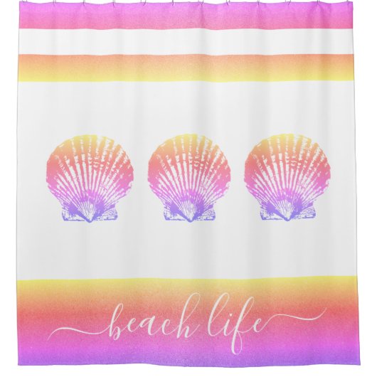 Rosa, lila-gelbe Muschel-Strandlebensschrift fett Duschvorhang (Vorderseite)