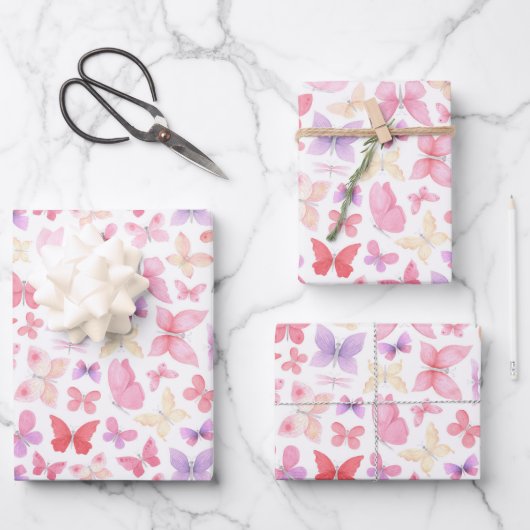 Rosa Lila-Gelbe Schmetterling Baby Dusche Geburtst Geschenkpapier Set (Vorderseite)