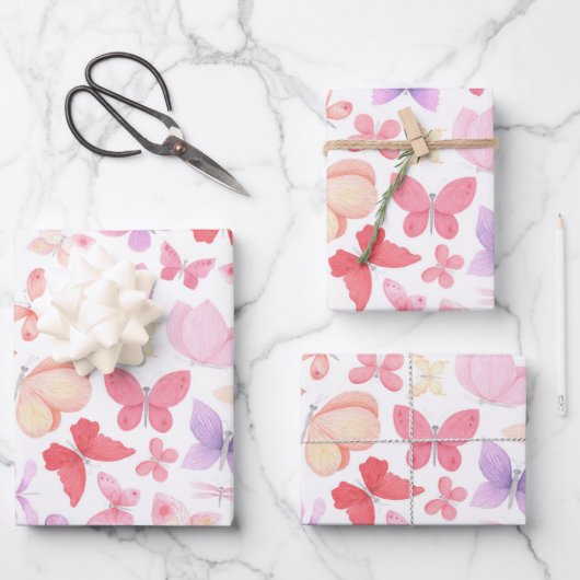 Rosa Lila Gelbe Schmetterlinge Geschenkpapier Set (Vorderseite)