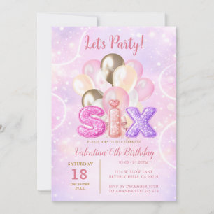 Rosa lila Glitter-Sechs-Ballon-Geburtstagsfeier Einladung