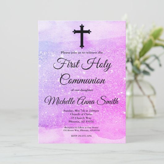 Rosa Lila Glitzer Girl 1. Erste Heilige Kommune Einladung (Stehend Vorderseite)