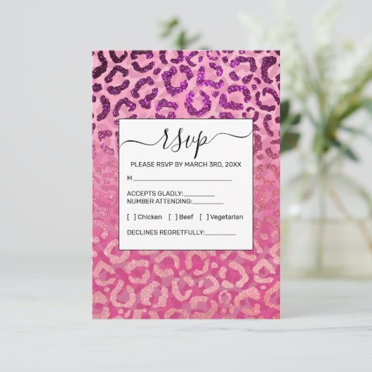 Rosa Lila Glitzer Leopard Tierdruckleuchte Begleitkarte (Stehend Vorderseite)