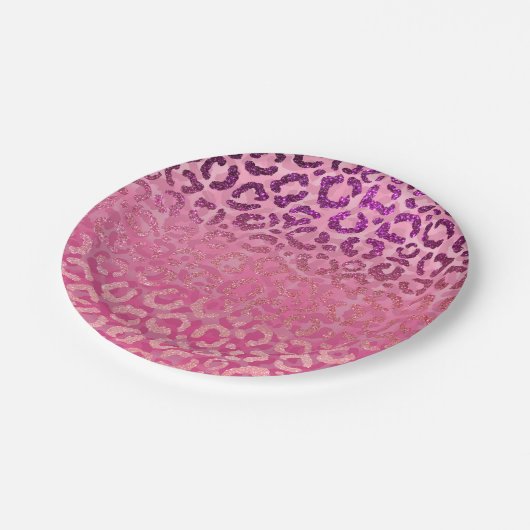 Rosa Lila Glitzer Leopard Tierdruckleuchte Pappteller (Schrägansicht)