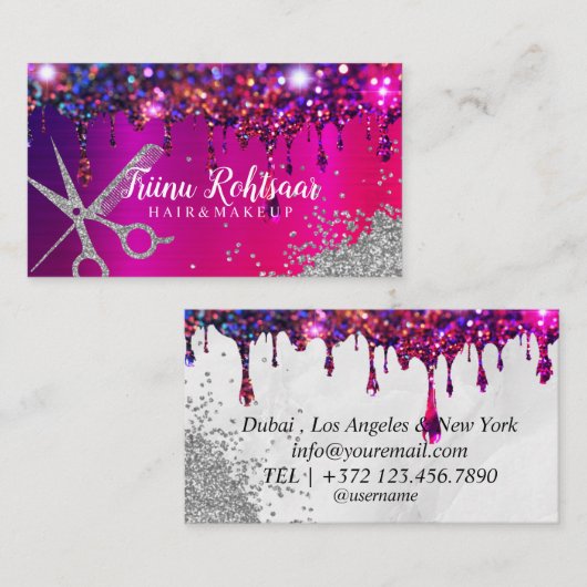 Rosa Lila Glitzer Makeup Artist Friseur Busin Visitenkarte (Vorne/Hinten)