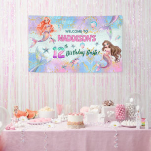 Rosa lila Glitzer Meerjungfrauen 12. Geburtstagsbe Banner