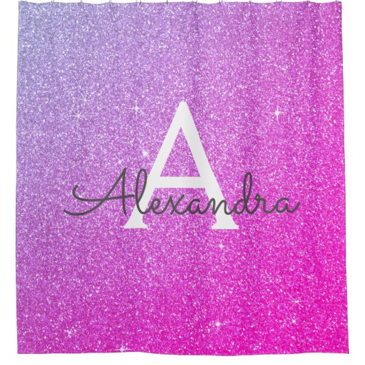 Rosa Lila Glitzer Monogramm Name Badezimmer Duschvorhang (Vorderseite)