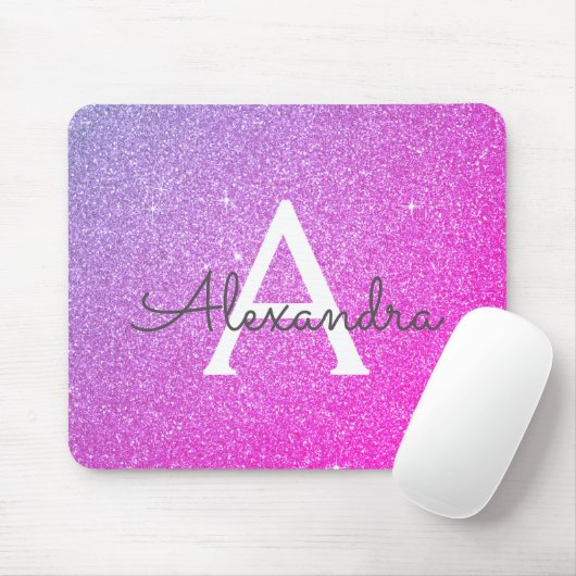 Rosa Lila Glitzer Monogramm Name Mousepad (Mit Mouse)