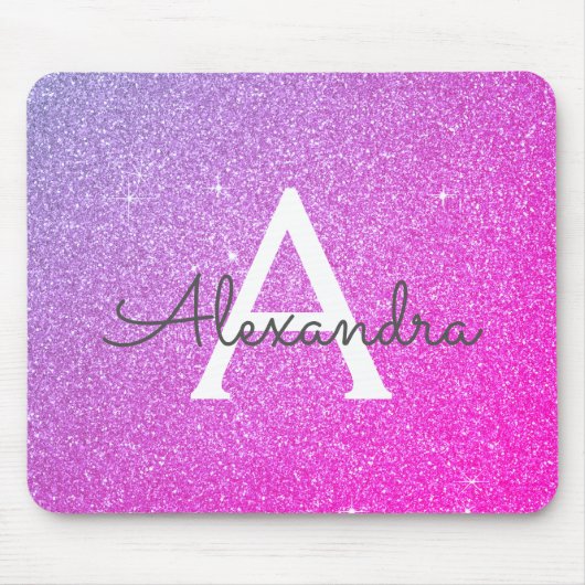 Rosa Lila Glitzer Monogramm Name Mousepad (Vorne)