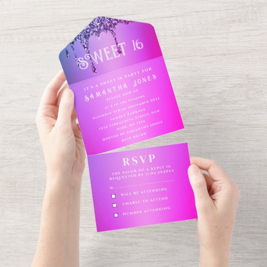 Rosa Lila Glitzer Sparkle Moderne Süße 16 All In One Einladung (Abreißen)