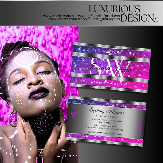 Rosa Lila Glitzer Stars Silver Decoder Monogramm Visitenkarte