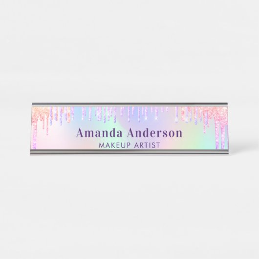 Rosa lila Glitzer Tropfen holografisch Schreibtischnamensplakette (Vorderseite )