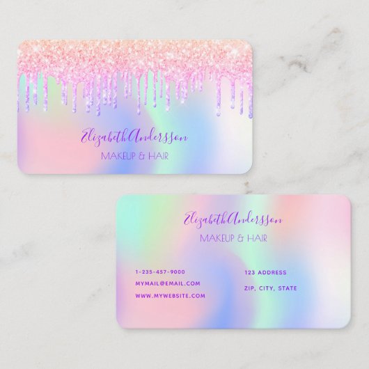 Rosa lila Glitzer Tropfen holografische Make-up Ha Visitenkarte (Vorne/Hinten)