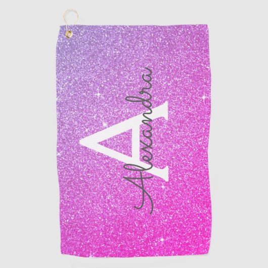 Rosa Lila Glitzer und Name des Monogramms Golfhandtuch (Vorderseite)