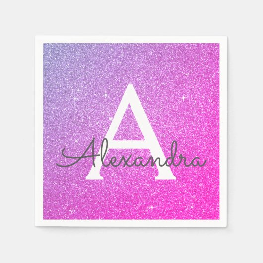 Rosa - Lila Glitzer und Sparkle Monogram - Geburts Serviette (Vorderseite)