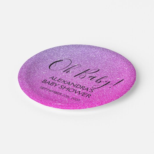 Rosa Lila Glitzer und Sparkle Oh Baby! Dusche Pappteller (Schrägansicht)