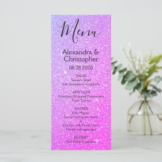Rosa Lila Glitzer und Sparkle Wedding Menu Menükarte (Stehend Vorderseite)