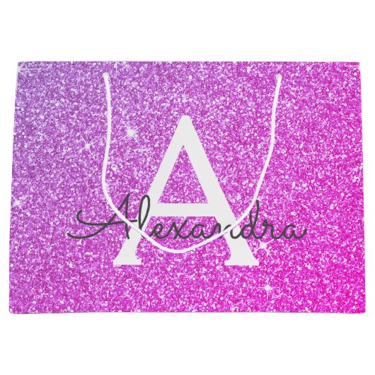 Rosa - Lila Glitzer- und Sparkronmonogramm Große Geschenktüte (Vorderseite)