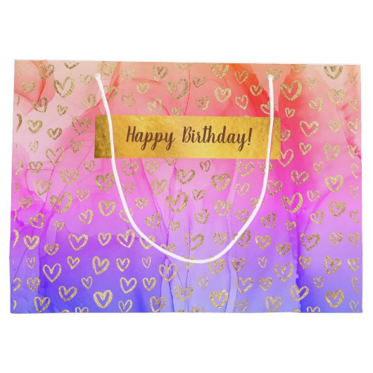 Rosa Lila Gold Herzchen Custom Happy Birthday Große Geschenktüte (Rückseite)