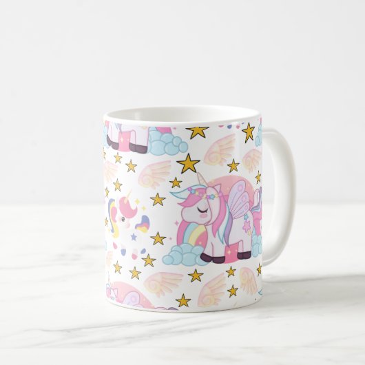 Rosa Lila Gold Star Unicorn Name Monogramm Kaffeetasse (VorderseiteRechts)
