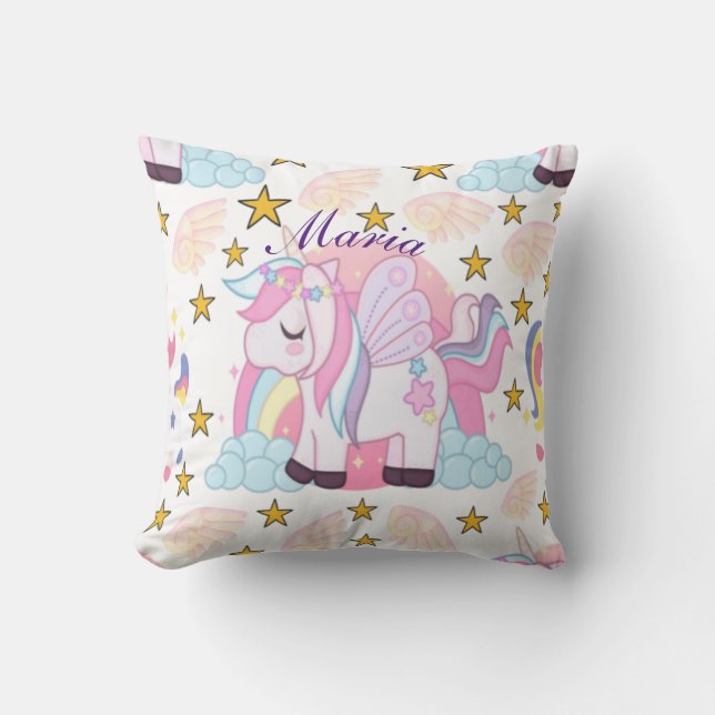 Rosa Lila Gold Star Unicorn Name Monogramm Kissen (Vorderseite)