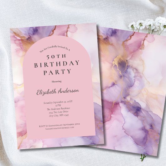 Rosa Lila Goldener Wasserfarben Arch 50. Geburtsta Einladung