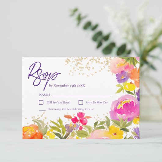 Rosa lila Goldmedchen RSVP Karte (Stehend Vorderseite)