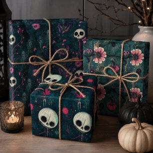 Rosa & Lila Gotische Halloween-Schädel & Blumen  Geschenkpapier Set